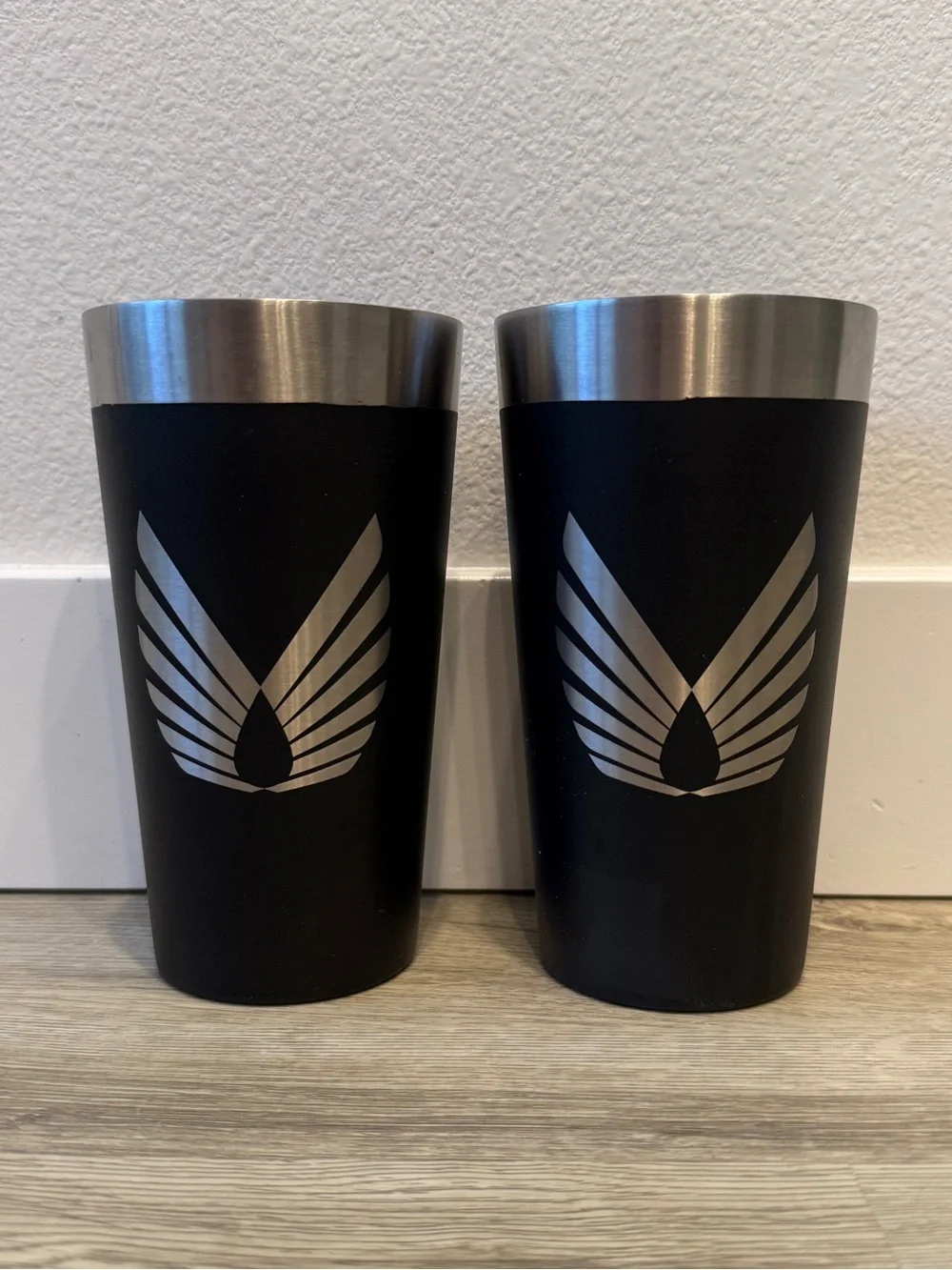 Two double wall insulated stainless steel pint glasses travel camping outdoors